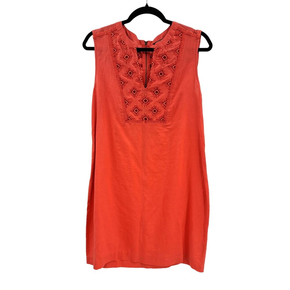 J. Crew Mini Dress M Linen Blend Sleeveless Embroidered V-Neck Zip‎ Back Coral
